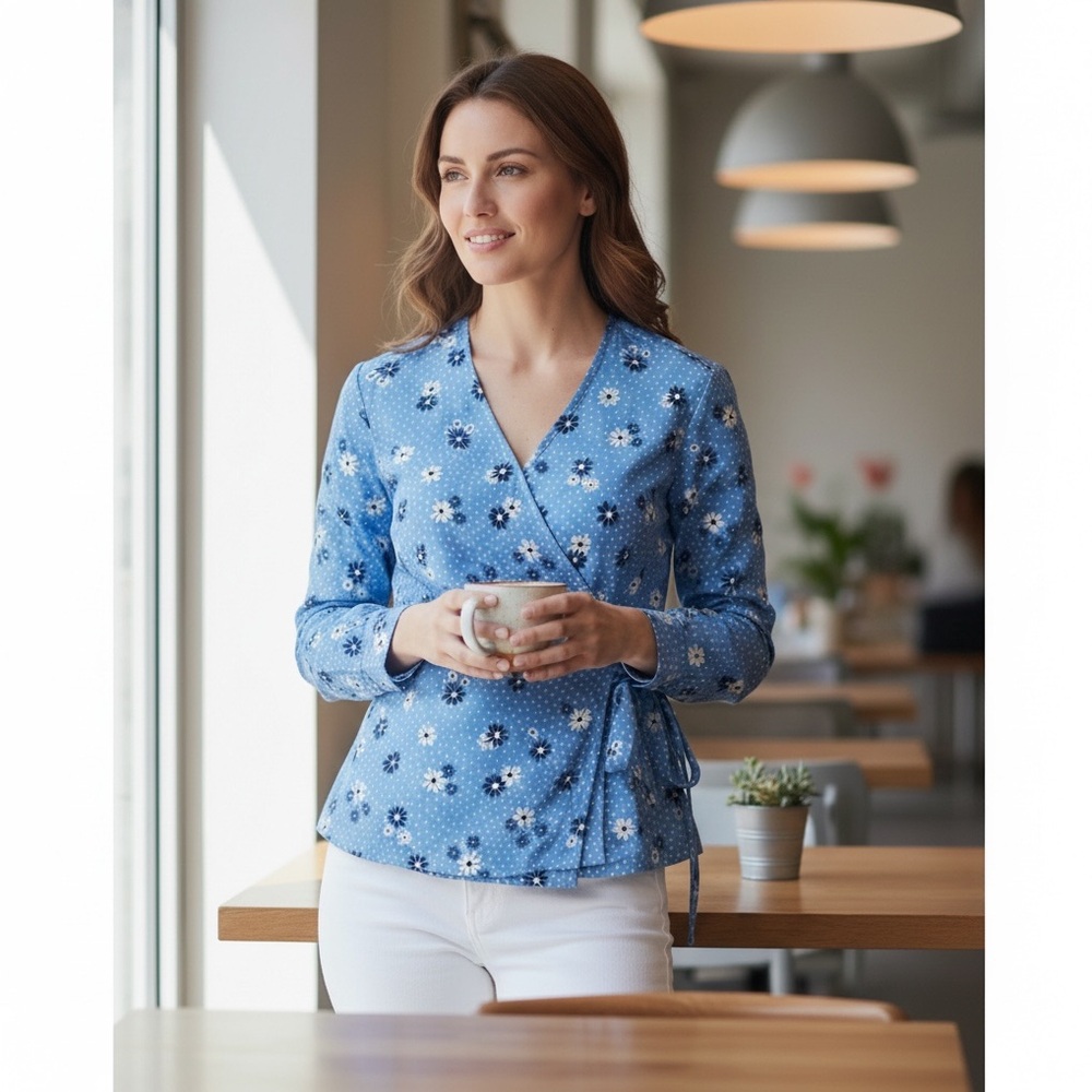 NWT Talbots Blue Floral Wrap Long Sleeve Blouse Top Classic Feminine‎ Twee